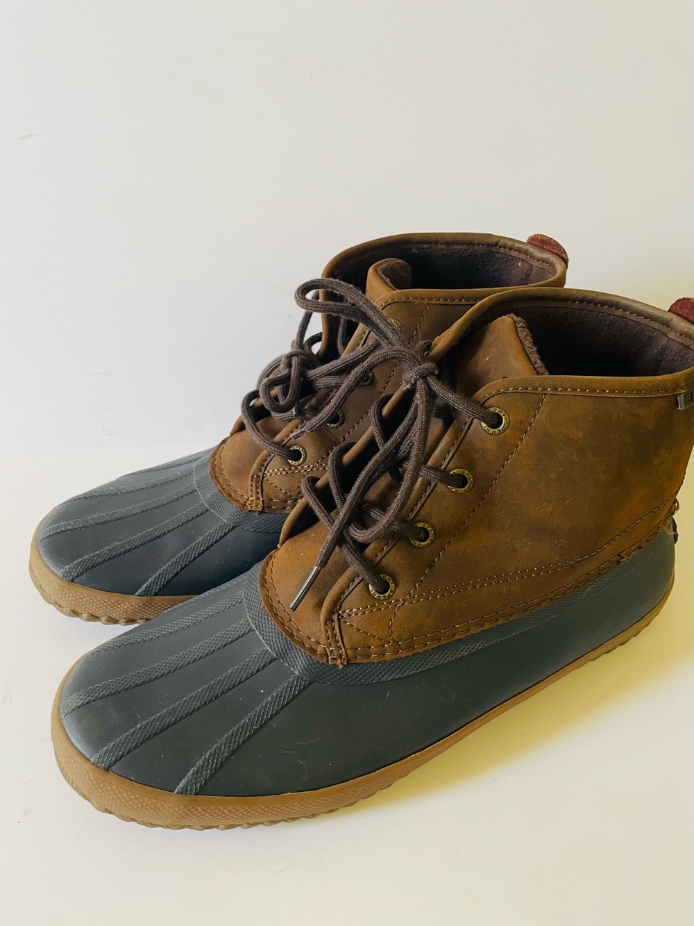 Sperry Men’s Duck Boots Brown/Gray Leather Rubber Ankle Lace Up Lined Sz 9.5